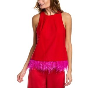 Trina Turk Eero Tank Red Removable Feather Trim Hem Size Medium NWT